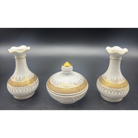 VTG Lefton Vanity Set 1752 White Hand Painted w/ Gold Trim Powder Vases/Bottles - Picture 1 of 12